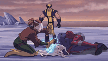 a cartoon drawing of wolverine and rogue helping a fallen superhero