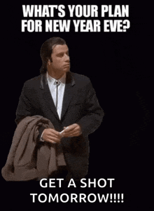 a man in a suit is holding a jacket and says what 's your plan for new year eve
