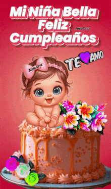a baby girl is sitting on top of a cake with flowers on it