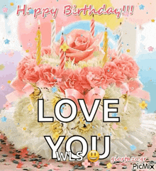 a happy birthday card with a cake with candles and flowers