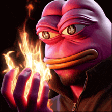 a purple frog with a beard is holding a fire in his hand