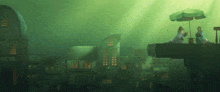 a green umbrella is in the foreground of a city