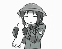 a black and white drawing of a girl wearing a helmet and holding a dog