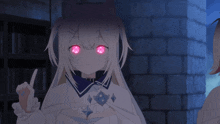 a girl with red eyes is giving a thumbs up sign