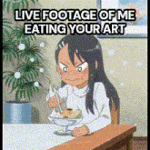 a cartoon girl is sitting at a table eating a salad with a knife and fork .