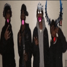 a group of young men are posing for a picture and one of them is wearing a mask with a face on it