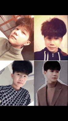 a collage of four photos of a young man with different hairstyles