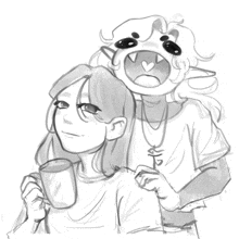 a black and white drawing of a woman holding a cup of coffee