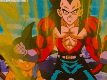 a cartoon of a man in a red and black outfit standing next to a boy in a yellow shirt .