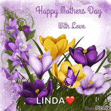 a mother 's day card with purple and yellow flowers and a butterfly