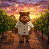 a cartoon of a bear and a dog walking through a vineyard