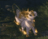 a fox with wings is standing in the grass and looking at something .