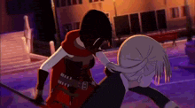 a couple of anime characters are fighting each other in a city street .