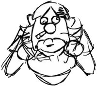 a black and white drawing of a cartoon character with a beard and glasses