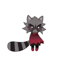 a cartoon drawing of a raccoon wearing a red cape and black pants