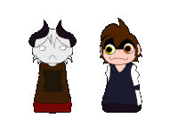 a drawing of two cartoon characters one with horns and the other with big eyes