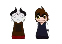 a drawing of two cartoon characters one with horns and the other with big eyes