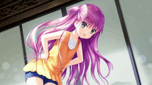 a girl with purple hair wearing a yellow tank top