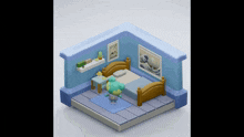 a room with a bed a nightstand and a picture on the wall