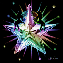two fairy silhouettes sitting on a rainbow star with the name j.s.san below them