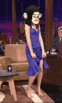 a woman in a blue dress with a monkey head