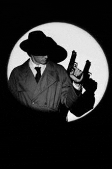 a man in a hat and coat is holding two guns in a black and white photo .
