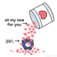 a cartoon of hearts pouring out of a bucket with the words all my love for you