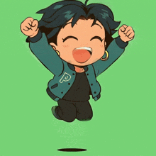 a cartoon drawing of a person with a letter p on their jacket