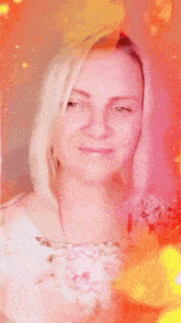 a woman is surrounded by fireworks in a pink and orange background