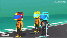 three cartoon characters with helmets on their heads are standing on a road and one of them says " blimey "