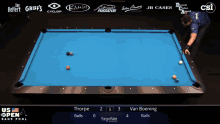 a pool table with the us open bank pool championship on the screen