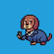 a pixel art illustration of a dog in a suit holding a cell phone