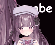a girl with purple hair is wearing a white hat with a bear on it