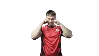 a man in a red and black shirt with the letter d on the front
