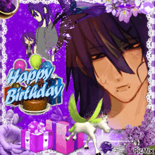 a purple birthday card with a unicorn and a cake