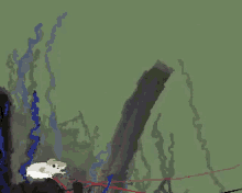 a pixel art drawing of a monster hanging from a rope in the air .