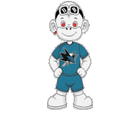 a cartoon character is wearing a san jose sharks shirt and shorts