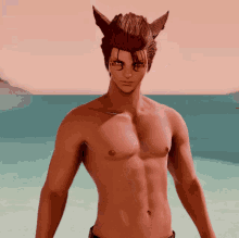 a shirtless man with red hair and ears stands on a beach