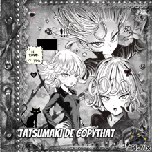 a black and white drawing of a girl with the words tatsumaki de copythat at the top