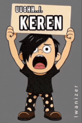 a cartoon character is holding a sign that says keren