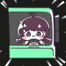 a cartoon of a girl driving a bus with a steering wheel .