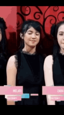 a group of girls are standing next to each other and one of them has a name tag that says melati .