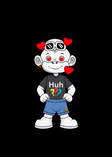 a cartoon character is wearing a shirt that says huh on it