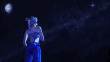 a woman in a blue outfit stands in front of a starry sky