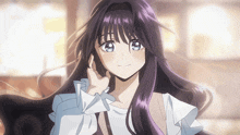 a girl with long purple hair and blue eyes