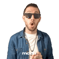 a man wearing sunglasses and a denim shirt with the word mcdh on the bottom right