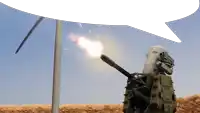 a computer generated image of a military weapon with a speech bubble behind it