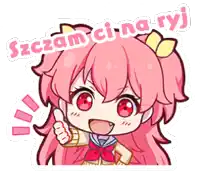 a girl with pink hair is giving a thumbs up and says szczam ci na ryj