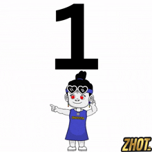 a girl wearing sunglasses and a zhotcha shirt stands in front of the number one