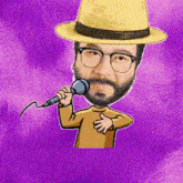 a cartoon of a man with a beard wearing a hat and holding a microphone